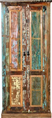 A tall, narrow cabinet with two doors and a distressed, multi-colored wood finish.