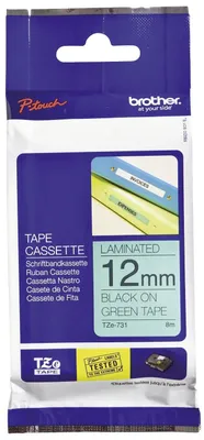 Zdjęcie produktu dla Brother Gloss Laminated Labelling Tape - 12mm, Black/Green, TZ, Chiny, 8 m, 124 mm, 270 mm, 234 mm
