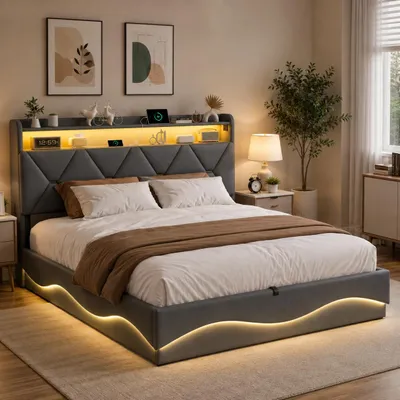 Immagine prodotto di Letto imbottito INONEFT, 160x200 cm, con illuminazione LED e prese USB, contenitore a sollevamento idraulico, letto per ragazzi con contenitore integrato nella testiera, rivestito in velluto grigio, Immagine generata dall'IA