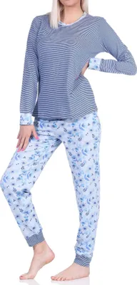 Produktbild von Eleganter Damen Pyjama Schlafanzug langarm mit Bündchen und Spitze - auch in Übergrössen ; hellblau , 60