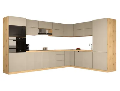 Produktbild von Winkelküche 360 x 260 cm Mit Mikrowellenumbauschrank L-Küche Einbauküche Kühlumbauschran Küchenblock Ohne Arbeitsplatte, Langen KL11-M360,Beige/Matt