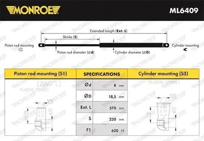 Produktbild von MONROE ML6409 Gasfeder Heckklappendämpfer für RENAULT LAGUNA III Grandtour (KT0/1) 570mm