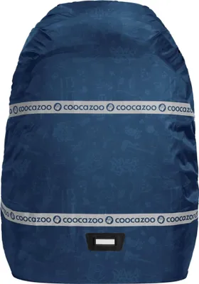 A blue backpack rain cover with reflective stripes and a repeating pattern.