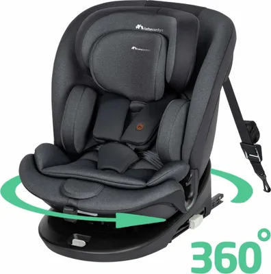 A dark gray Bebeconfort car seat is shown against a white background. Green arrows indicate a 360-degree rotation feature, and the text '360°' is displayed.