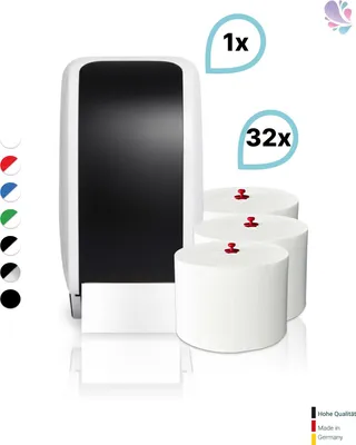 Produktbild von SET: 1x Toilettenpapierspender Doppelrollen Blanc Cosmos verschied. Farben + 32 Toilettenpapierrollen Long Life 3L - PRODUKTSET : Farbe - Schwarz / Weiß Farbe: Schwarz / Weiß