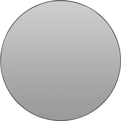 A circular mirror with a thin black frame against a light gray background.