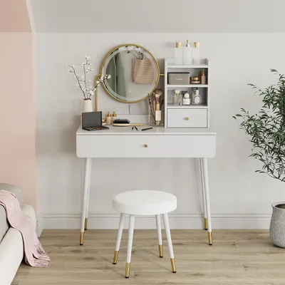 Zdjęcie produktu dla Stół do toalety Vicco Mirela Biały 90 cm z lustrem LED i stołkiem, Model 56651