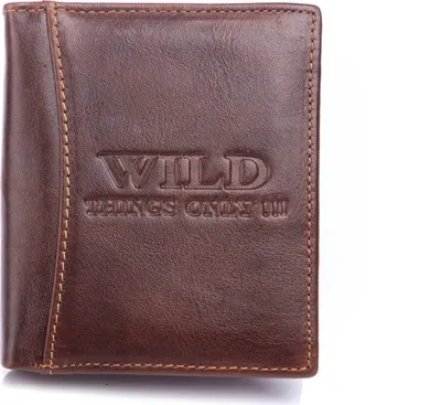 A brown leather wallet with embossed text.
