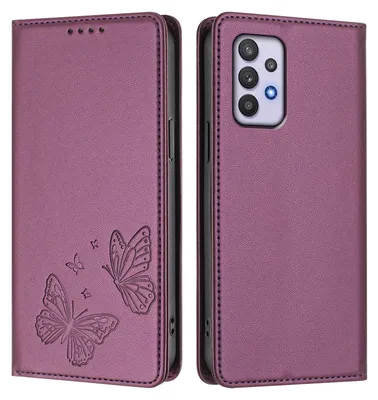 Produktbild von Lederhülle für Samsung Galaxy A32 4G, Schmetterling Prägung Leder Brieftasche Schutzhülle mit Ständer Lila