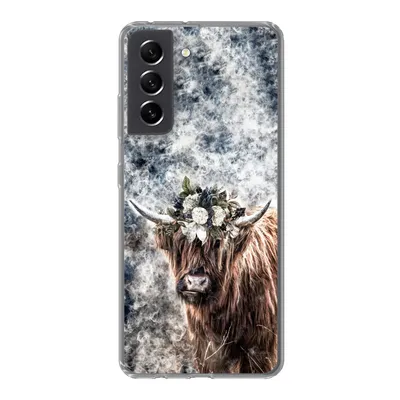 Produktbild von MuchoWow® Handyhülle Schutzhülle Hülle für Samsung Galaxy S21 FE Schottischer Highlander - Rauch - Blumen Silikon Softcase Handy Hülle - Mobiltelefonhülle