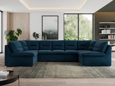Produktbild von Sofa XXL U-Form Beige, Wohnlandschaft U Form mit Schlaffunktion, Sofa mit Schlaffunktion, Schlafsofa, Wohnzimmer Couch mit schlaffunktion - Morbido U - Dunkelblau Velvet