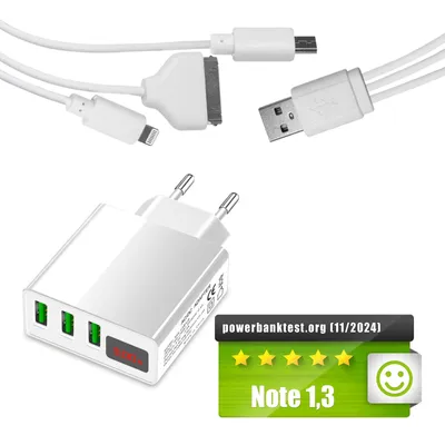 Produktbild von Multi USB Port Ladegerät 3in1 weiß mit USB Ladekabel für Samsung, iPhone 13, Eaxus