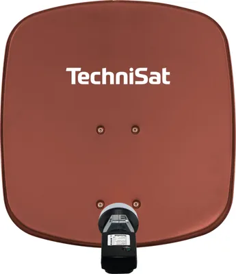 A satellite dish with a logo and LNB attached, presented against a white background.
