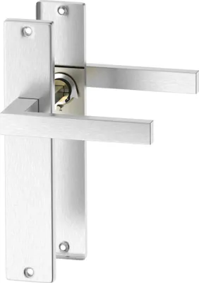 A close-up studio shot of a brushed metal door handle set with a lock mechanism.