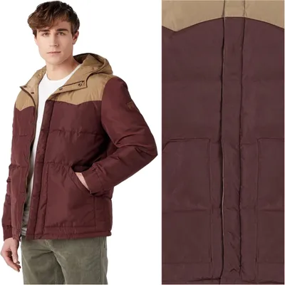 A man wearing a jacket and a close-up of the jacket's front.