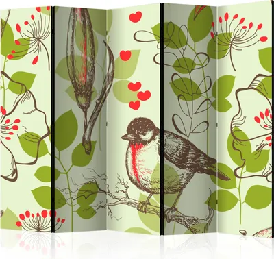 Produktbild von 5-teiliger Doppelseitiger Vlies Paravent - Bird and lilies vintage pattern II 225x172 cm g-C-0180-z-c