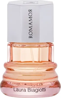 A studio shot of a Laura Biagiotti Romamor Eau de Toilette bottle.