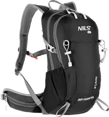 A black backpack with gray accents is shown from the side against a white background.