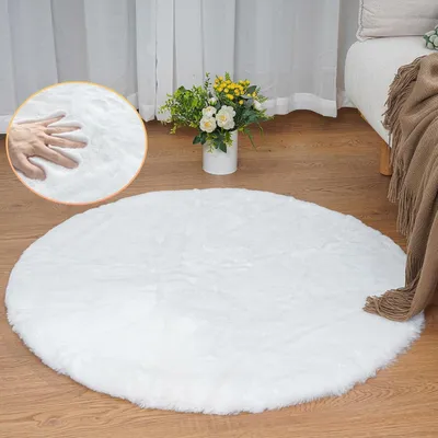 Image de Tapis rond, blanc, en Fourrure artificielle, doux et moelleux, lavable, diamètre 90 cm