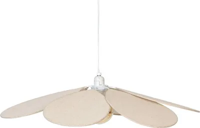 A white ceiling fan with beige petal-shaped blades is shown against a white background.