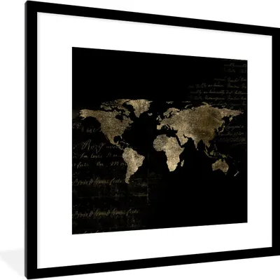 Produktbild von MuchoWow® MuchoWow® Gerahmtes Poster Weltkarte - Gold - Briefe 40x40 cm - Poster mit zchwarzem Bilderrahmen - Poster - Plakat im Rahmen