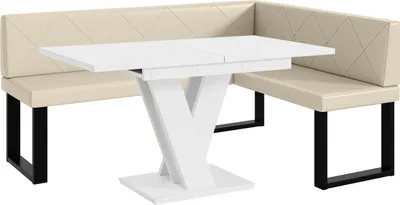 Produktbild von MEBLINI Eckbank für Esszimmer mit ausziehbarem Tisch  - Küchenbank - Essecke - Sitzecke Küche - ERIC - U-Beine 128x168x87cm Rechts - Creme Kunstleder/M Weiß Matt