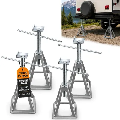 Image de 4 supports pour caravane - supports pour remorque - Charge maximale : 3600 kg - Réglables en hauteur de 28 à 44 cm - Alliage d'aluminium - Argenté