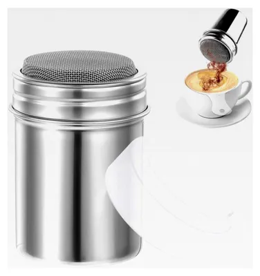Produktbild von Puderzuckerstreuer und Kakaostreuer aus Edelstahl mit Deckel und 16 Kaffee-Schablonen für heiße Schokolade und Brotdekoration