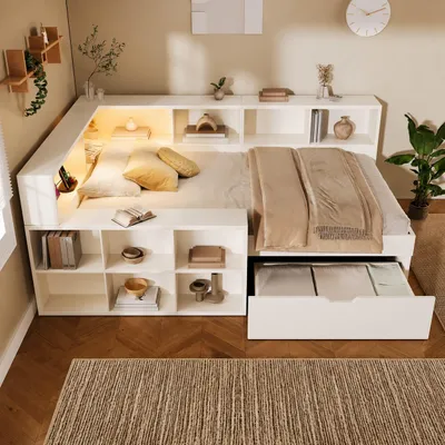 Obrázok produktu pre okwish, lôžko s úložným priestorom 90×200 cm, s lampičkou na čítanie a odkladacími priehradkami, posteľ pre mládež s USB a Type-C portmi, jednolôžko s zásuvkami, biela, bez matraca