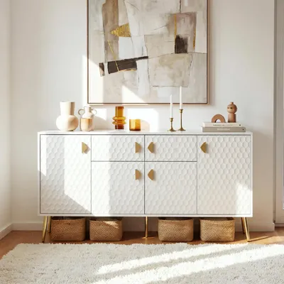 Immagine prodotto di Mobile contenitore da 160 cm, ante frontali bianche in MDF laccato, 4 ante, 6 scomparti, dimensioni 160x40x80 cm