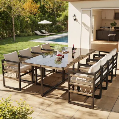 Produktbild von Gartenmöbel-Set 8 Personen - 10-teilig: 8 Sessel mit 8cm Polstern & 2 Glastische, Polyrattan-Optik, Wetterfestes Stahlgestell, Beige/Schwarz