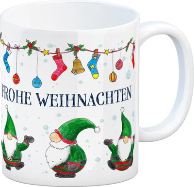 Produktbild von Kaffeebecher mit Wichtel Motiv und Spruch: Frohe Weihnachten Kaffeetasse Tasse