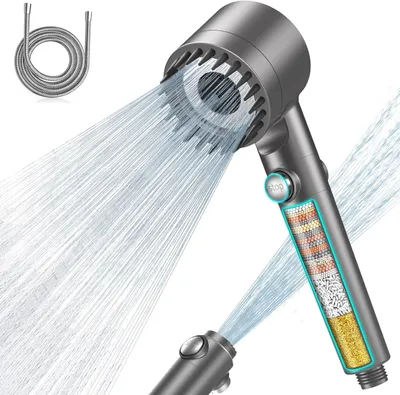 Produktbild von Duschkopf mit Filter in 15 Schichten, Hochdruck Handbrause mit 1,5 M Schlauch, 3+1 Strahlarten, Shower Head für Entfernen vom harten Wasser, Rest-Chlor, Bakterien und Schwermetall, Grau