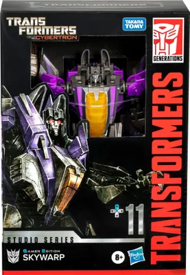 The image shows the packaging of a Transformers Studio Series Skywarp action figure.