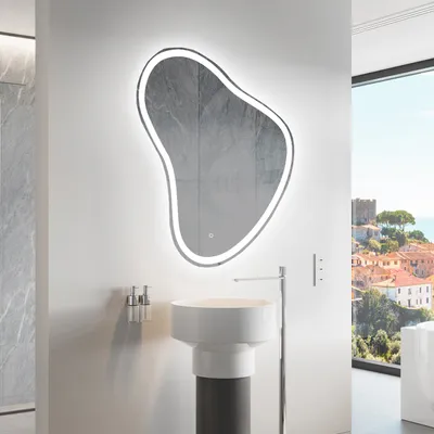 Produktbild von Unregelmäßiger asymmetrischer Spiegel mit LED Beleuchtung 64 x 74 cm - mit LED Beleuchtung - LED Farbe Kaltweiß 7000K - Individuell Nach Maß - Beleuchtet Wandspiegel Lichtspiegel Badezimmerspiegel - Sensor Schalter - NERP222