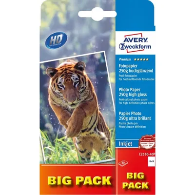 Produktbild von Avery C2550-40P, Hoch-Glanz, 250 g/m², Tintenstrahl, Weiß, 80 Blätter,Mix Credit