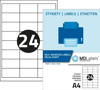 Image de Étiquettes universelles MDlabels 66 x 33,9 mm, 24 étiquettes par feuille A4, 100 feuilles, 2 400 étiquettes imprimables, blanches, autocollantes, pour codes-barres