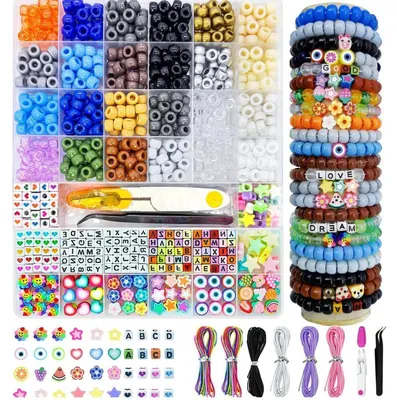 Immagine prodotto di Set di perline per braccialetti, 1000 pezzi, 24 colori, 6x9 mm, foro grande, perline a forma di lettere e frutta, kit per attività creative