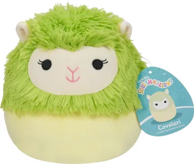 A green alpaca Squishmallow toy with a tag attached.