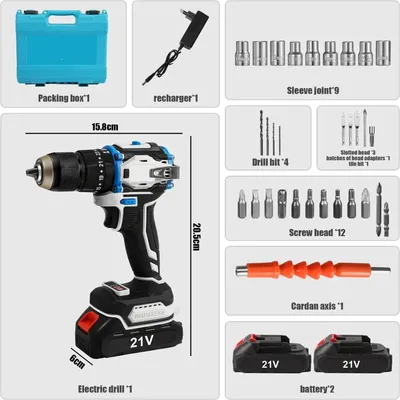 Produktbild von 21V Akku Schlagbohrschrauber - Bohrmaschine und Schraubendreher - 70 Nm Drehmoment - 1600 U/min - 2 Akkus - EU Stecker - für Heimwerker