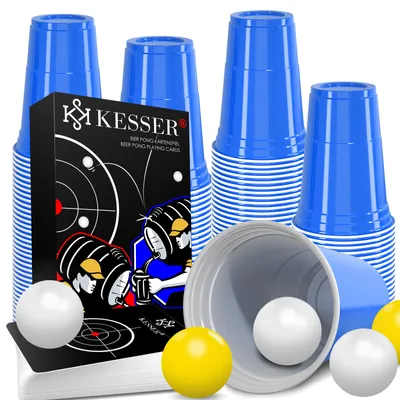 Produktbild von KESSER® Bierpong Set mit Kartenset, 100 Becher (473ml), 10 Bällen und 54 Karten - Trinkspiele Partybecher Sets für Erwachsene, ideal für Feiern, Geburtstage und Hochzeiten