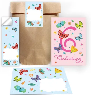 Produktbild von Einladungskarten Kindergeburtstag Mädchen, 12 Stück, inkl. 12 Umschläge, 12 Geschenktüten, 12 Aufkleber