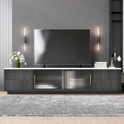 Immagine prodotto di okwish Tavolo TV 160 x 40 x 44,5 cm, piano in marmo, dispositivo di gestione dei cavi, presa con funzione push, adatto per TV da 70 pollici, grigio elegante