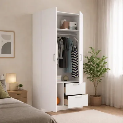 Produktbild von Kleiderschrank Dmotta, Garderobe für Schlafzimmer, Kleiderschrank mit 2 Flügeltüren und 2 Schubladen, 100x52h215 cm, Weiß