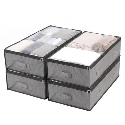 Produktbild von Unterbettkommode Unterbettbox 4er Set Aufbewahrungstasche faltbar mit Sichtfenster Doppelreißverschluss für Kleidung Bettwäsche Decken 110 L