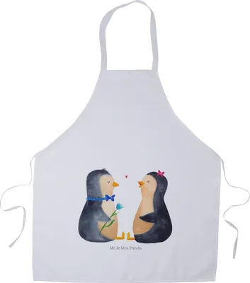 Produktbild von Mr. & Mrs. Panda Küchenschürze Pinguin Pärchen - Weiß - Geschenk, Schürze, Pinguine, Grillschürze, Liebe, Küchenzubehör, Barkeeper, Kochschürze, Kochkleidung, Verknallt