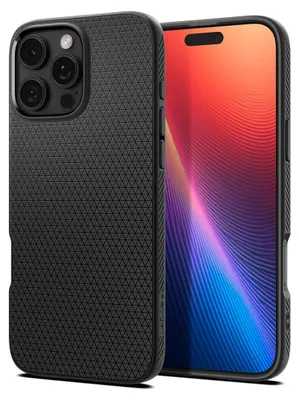 A black phone case is shown next to a smartphone.