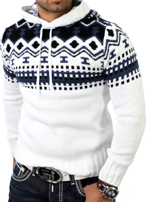Produktbild von Reslad Herren Grobstrick Pullover Norweger Winter Kapuzenpullover RS-3013 Weiß XL