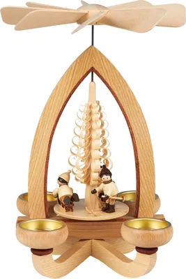 Auf dem Bild ist eine hölzerne Teelichtpyramide mit winterlichen Figuren und einem dekorativen Baum in der Mitte zu sehen die von vier Teelichthaltern umgeben ist und durch die Wärme der Kerzen in Bewegung gesetzt wird