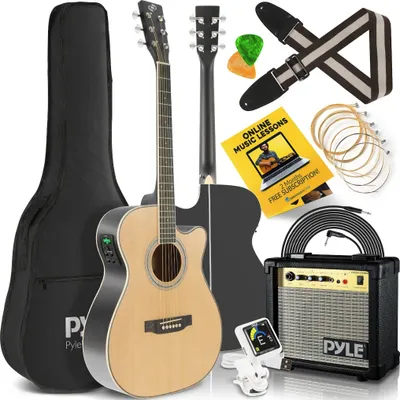 Obrázok produktu pre Pyle Elektrická gitara, Westernová gitara so zosilňovačom - elektrická gitara, Elektrická gitara - westernová gitara, Elektrická gitara s elektrickou gitarou, Gitarový zosilňovač 10W